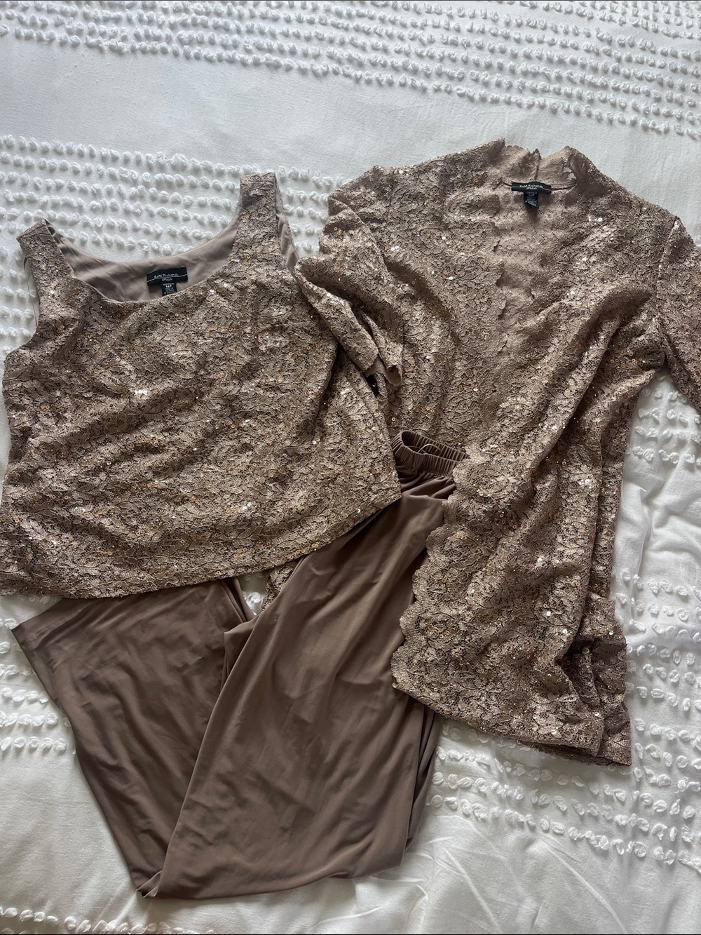 R&M Richards Taupe Lace-Overlay Three-Piece Pant Set
